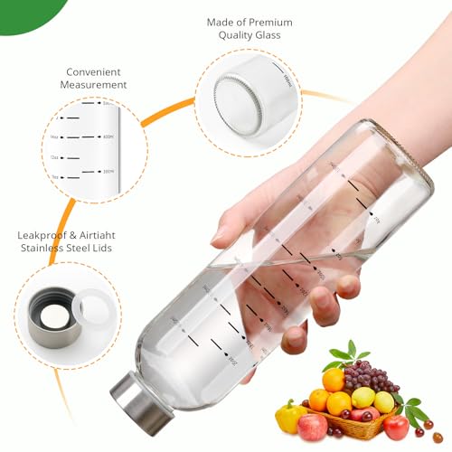 SIEROZUR Glass Juice Bottles With Lids 17oz- 6 Pack, Clear Water Bottle, Juicing Bottles Reusable Glass With Stainless Steel Cap, Drinking bottles for Refrigerator,100% Leak Proof, BPA Free