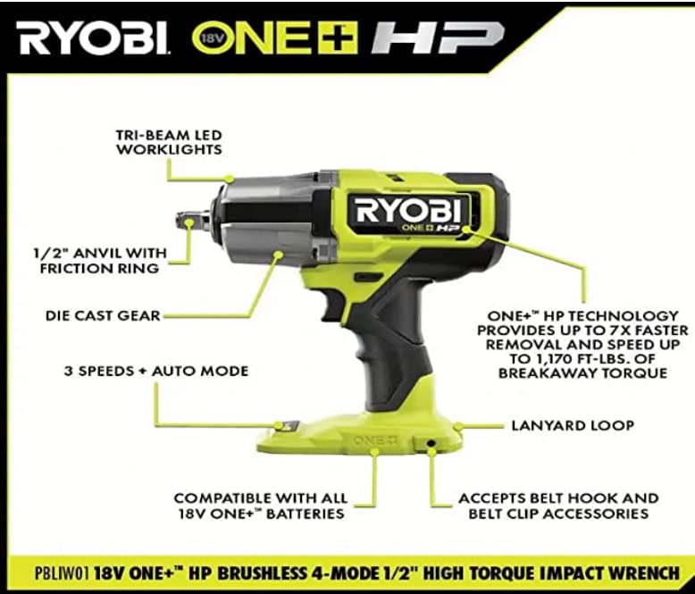 RYOBI - ONE+ HP 18V Brushless Cordless 4-Mode 1/2 in. High Torque Impact Wrench (Tool Only) - PBLIW01B