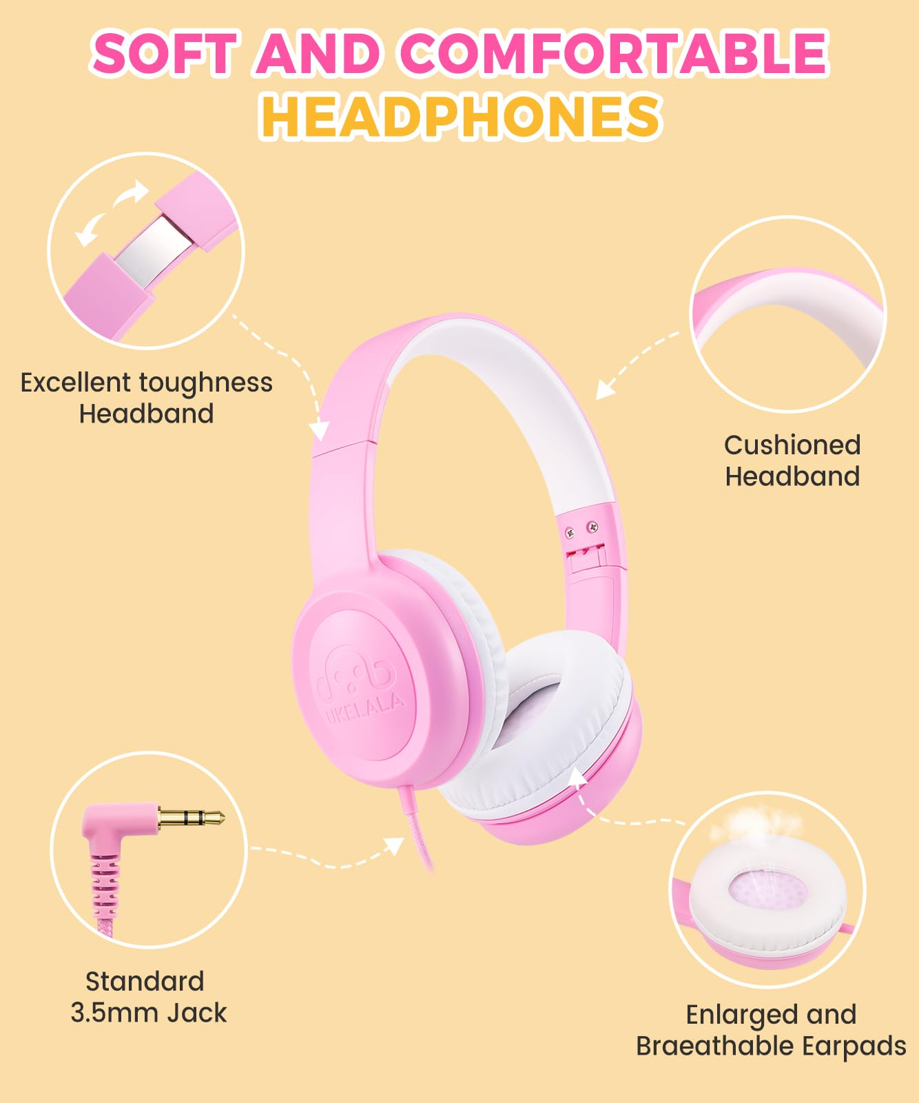 UKELALA C3 Kids Headphones Wired, On-Ear Wired Head Phones for Boys Girls with 3.5mm Jack, Foldable, Adjustable Headband, Child Headphone for School Home Airplane Tablet Pink