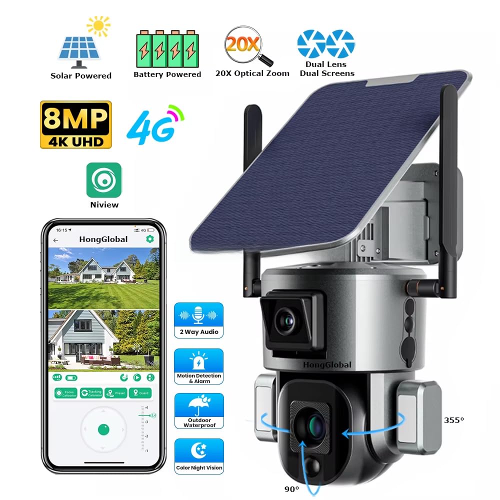 ESOE Y5-4K Solar Security Camera Dual Lens, Wireless Outdoor 360° PTZ with AI Human Auto Tracking, 20000mAh Battery, 2.4G/4G LTE, No Monthly Fee, Color Night Vision (WiFi, 20X Zoom)