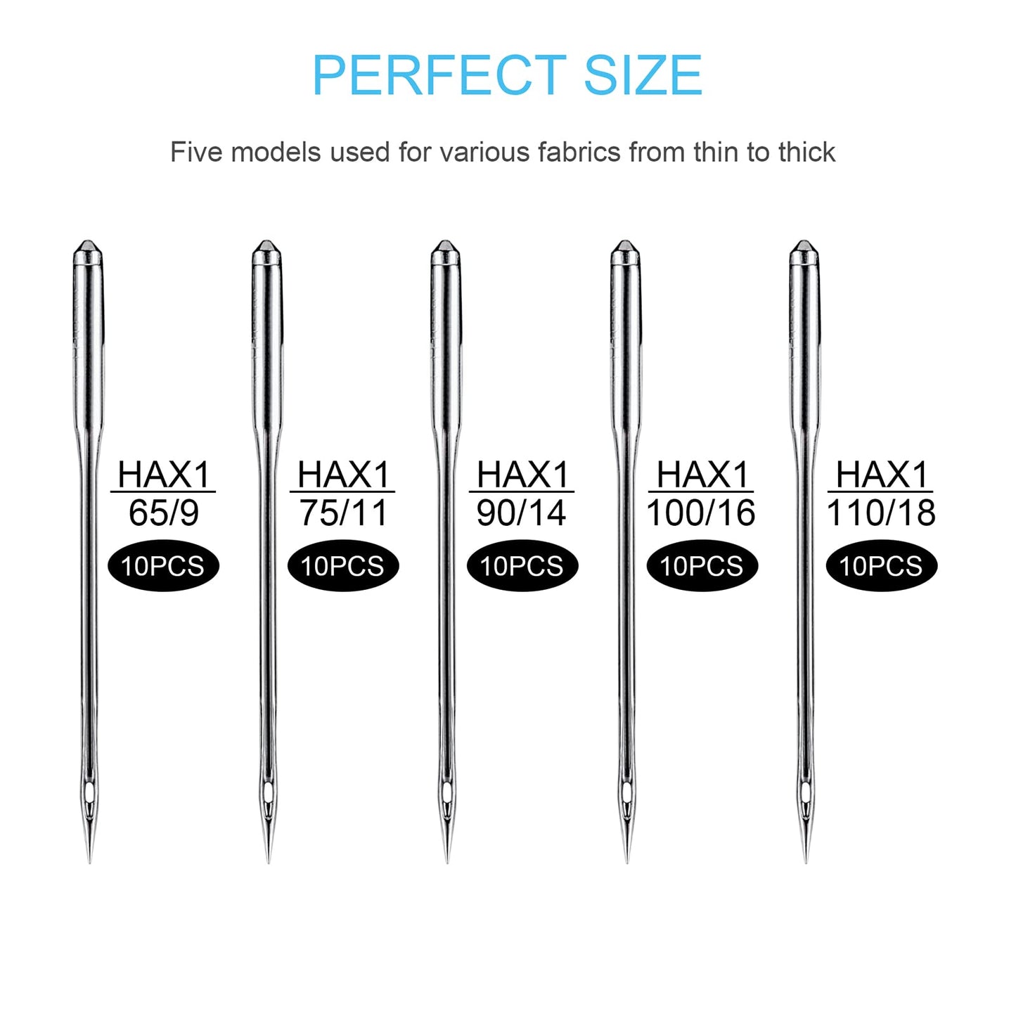 Sewing Machine Needles, 50 PCS Universal Sewing Machine Needle, Compatible with Singer, Brother, Janome, Varmax, Sizes HAX1 65/9, 75/11, 90/14, 100/16, 110/18 (50 PCS)