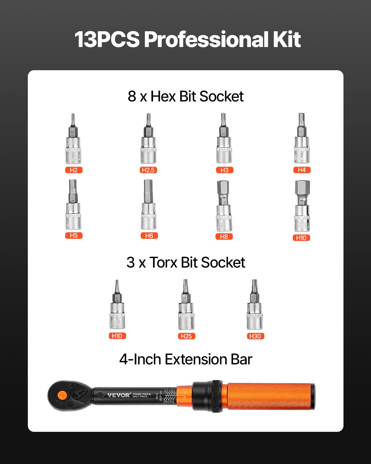 VEVOR 13Pcs Torque Wrench Set, 1/4 Inch Drive, 20-200IN.LB(2.3-22.6Nm), 72-Tooth Click Torque Wrench with Hex/Torx/Sockets, Extension Bars, for Bicycle Motorcycle Maintenance