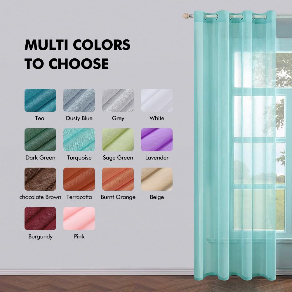 MIULEE 2 Turquoise Semi Sheer Window Curtains Elegant Grommet Top Voile Panels/Drapes/Treatment Aqua Blue Linen Textured for Bedroom Living Room Decor (54X84 Inches)
