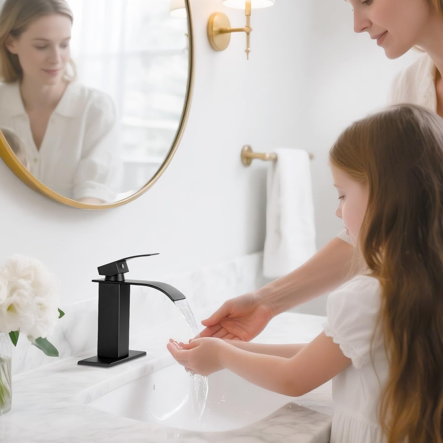 RNDIOZD Matte Black Bathroom Faucets, Waterfall Bathroom Sink Faucet Modern Single Handle Bathroom Faucte 1 or 3 Hole, RV Mixer Tap Vanity Faucet - Includes Pop-up Drain Supply Hoses Deck Plate