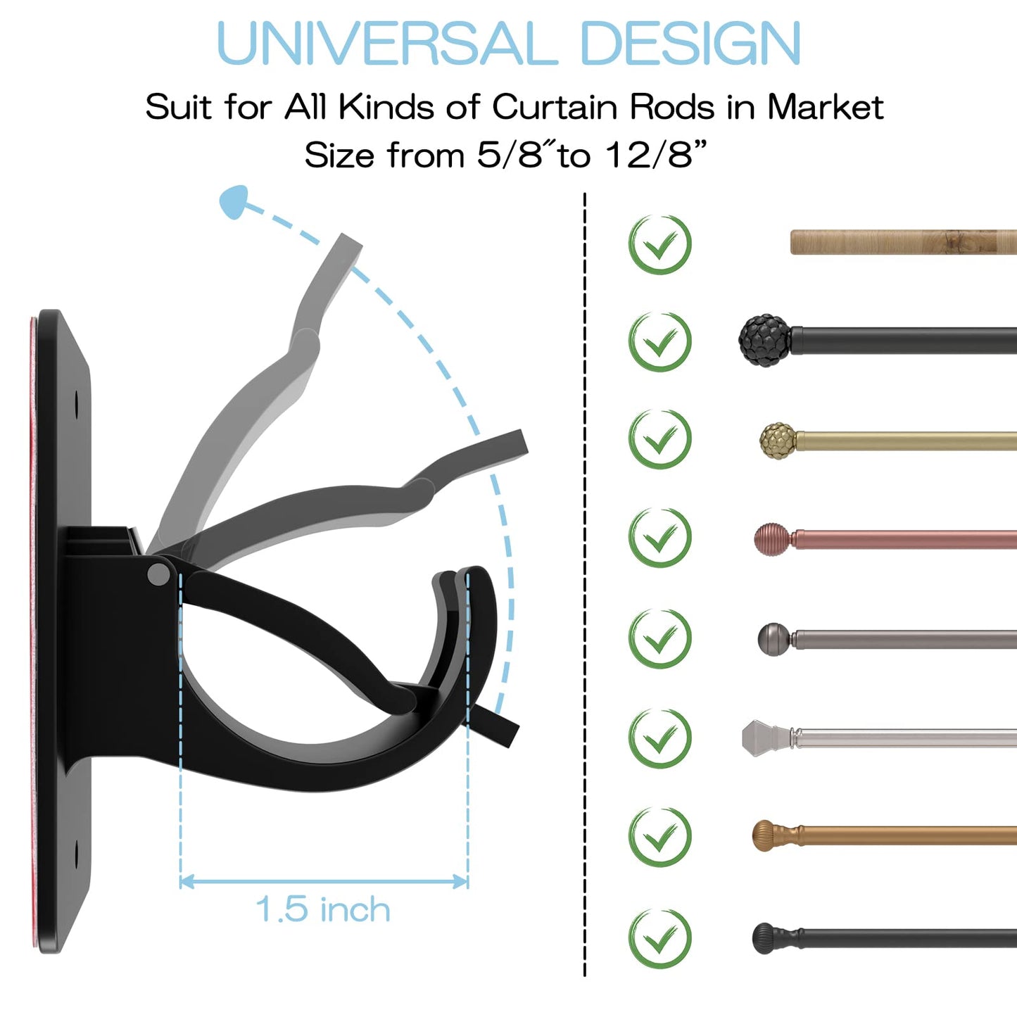 Wabboreq 4 Pieces Self Adhesive Curtain Rod Bracket, Universal Plastic Curtain Rod Holders, No Drill Curtain Rod Brackets Curtain Rod Hooks for Bathroom, Bedroom, Livingroom, Kitchen (Black)