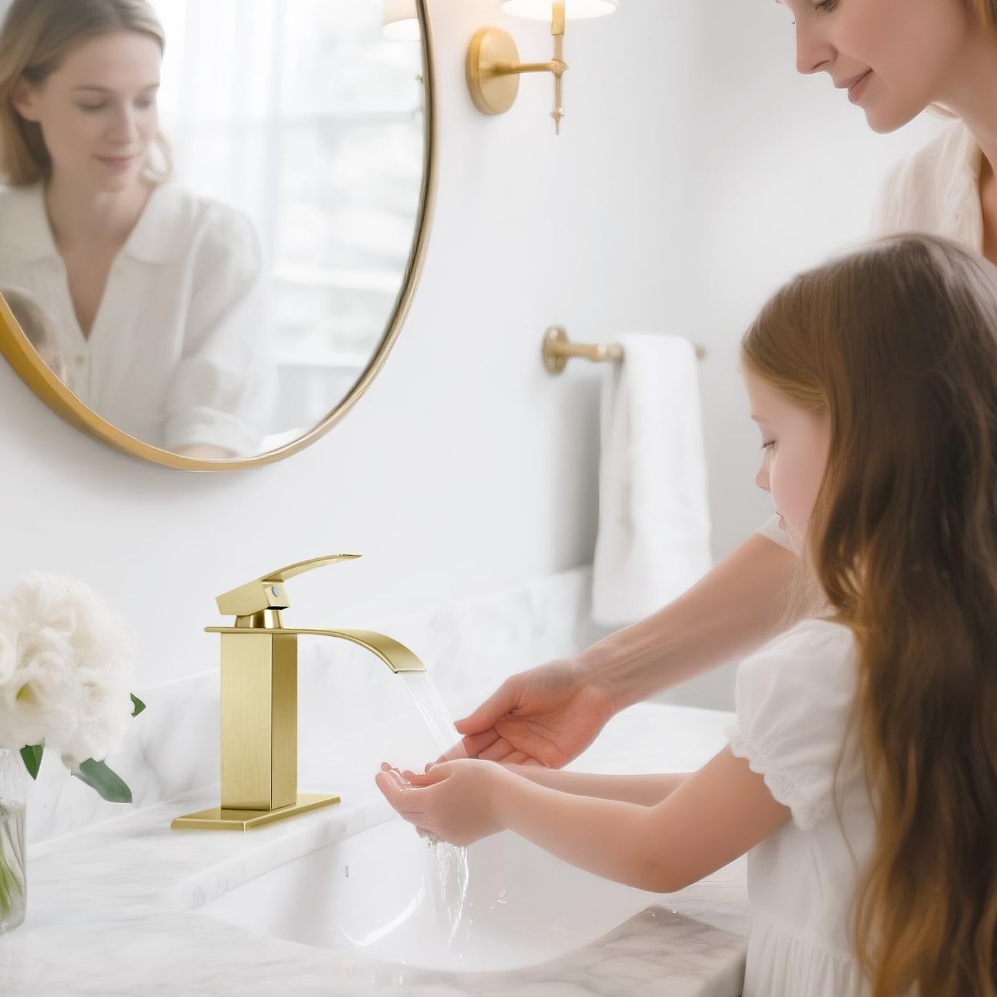 RNDIOZD Brushed Gold Bathroom Faucets, Waterfall Bathroom Sink Faucet Modern Single Handle Bathroom Faucte 1 or 3 Hole, RV Mixer Tap Vanity Faucet - Includes Pop-up Drain Supply Hoses Deck Plate