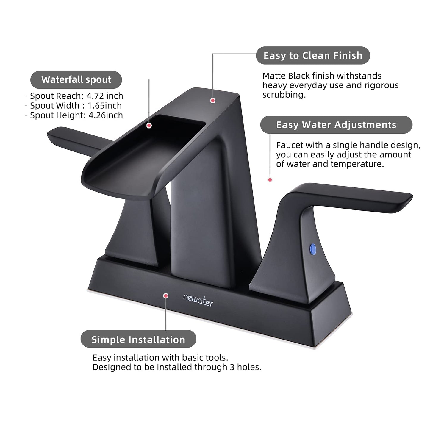 Waterfall Bathroom Faucets for Sink 2-3 Hole, NEWATER 4 inch Matte Black Bathroom Sink Faucet with Metal Pop-up Drain and 2 Supply Hoses,2-Handle Centerset Vanity Faucet for Sink