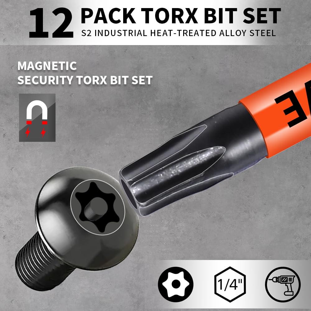 12-Pack Impact Security Torx Bit Set (T5-T40) 3-Inch Long, S2 Steel, Professional Tamper Proof Star Bits Set, with 1/4" Hex Shank, Magnetic & High Torque for Automotive/Electronics/DIY