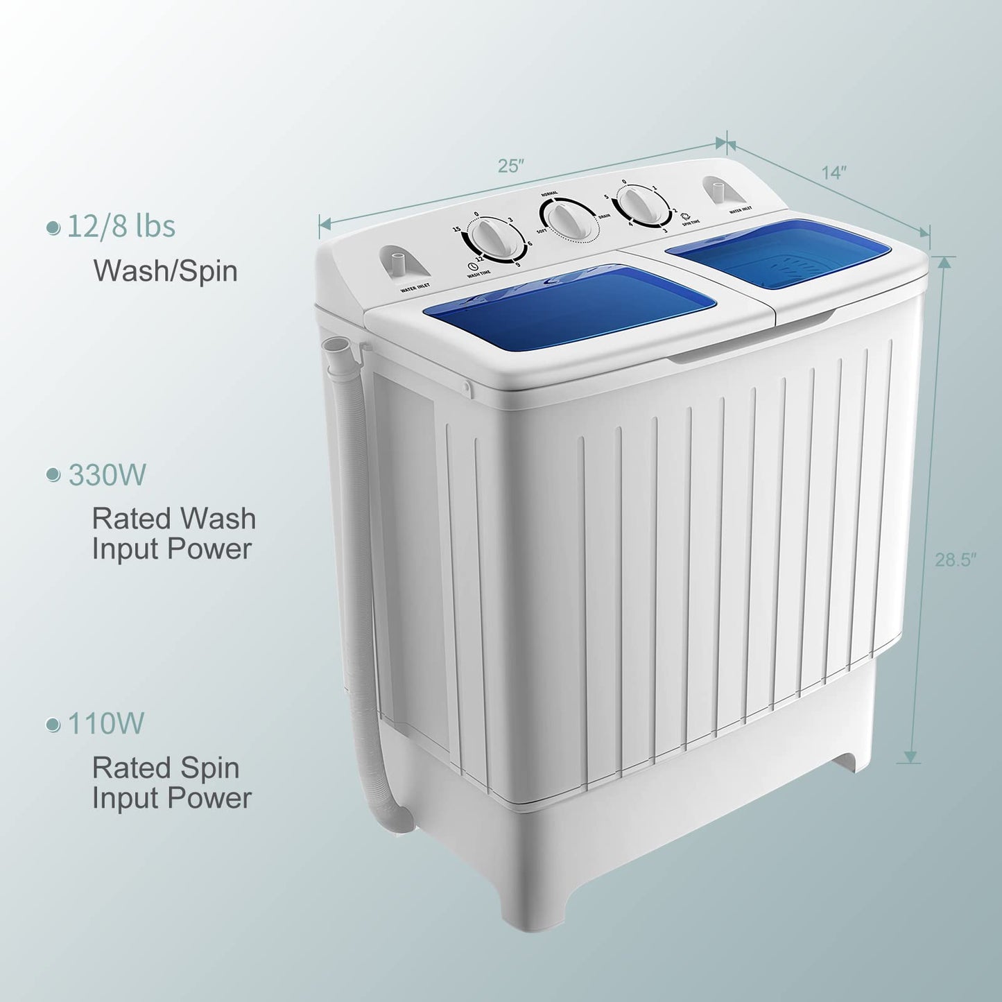 COSTWAY Portable Washing Machine, Twin Tub 20 Lbs Capacity, Compact Laundry Washer(12 Lbs) and Spinner(8 Lbs), Durable Design, Timer Control, Perfect for RV, Apartments and Dorms, Blue+White