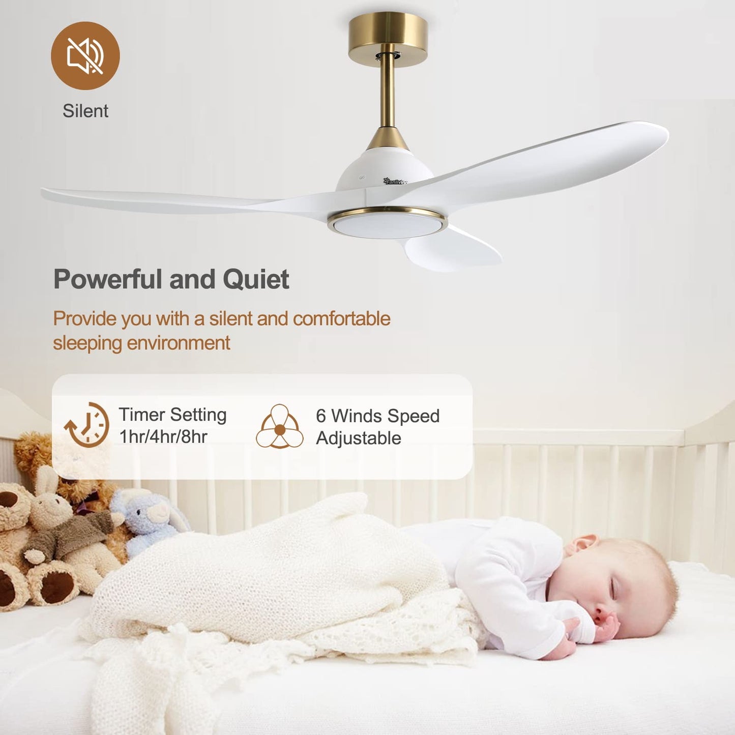 Fanliving 52 Inch 6 Speed High CFM Quiet DC Motor Modern Ceiling Fan with Lights Remote Control, 3 Blade White Gold Indoor Bedroom Living Room Ceiling Fan