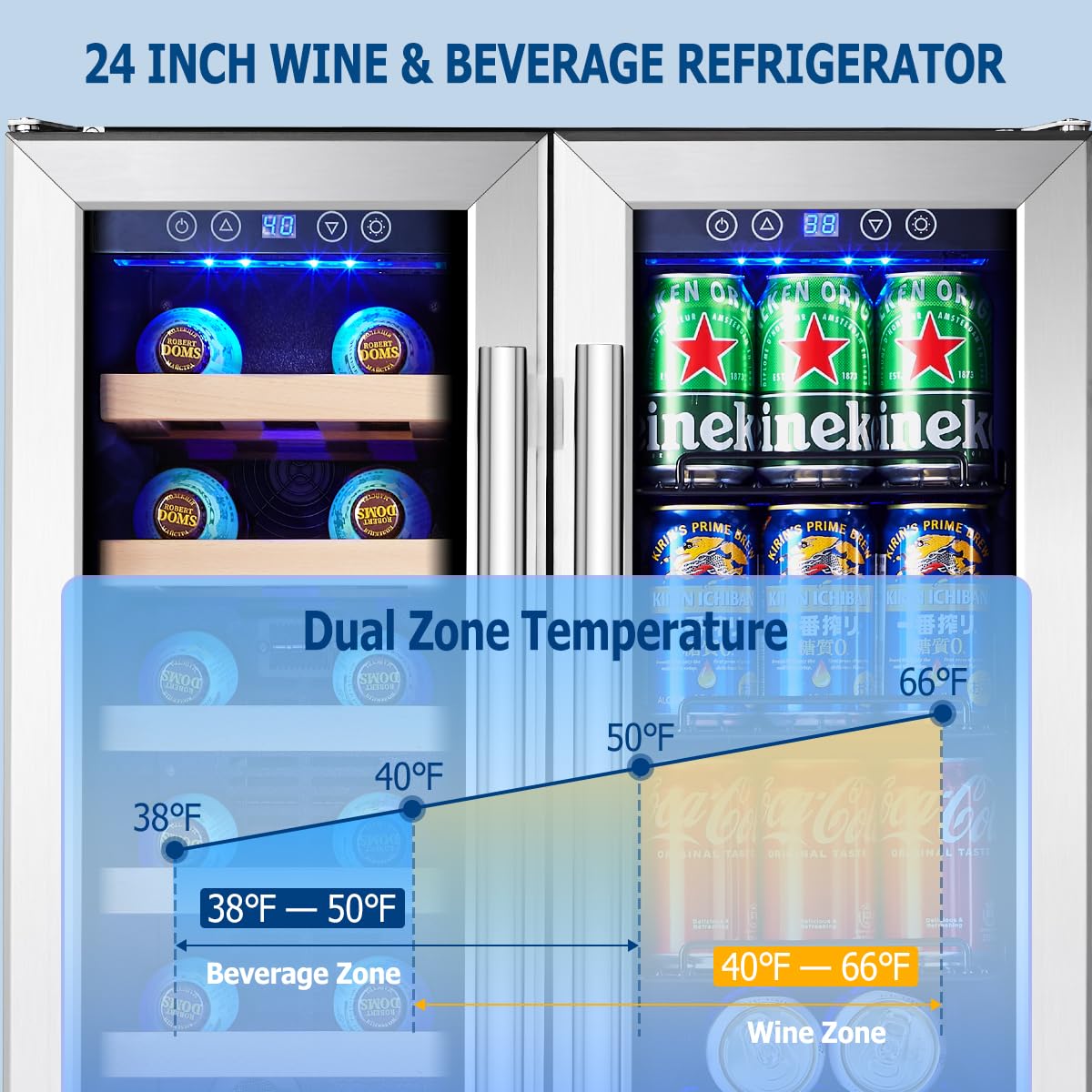 Kalamera Wine and Beverage Refrigerator, 24 inch Wine Fridge Dual Zone Hold 21 Bottles and 77 Cans,Built in or Under Counter Wine Fridge with Blue LED Light