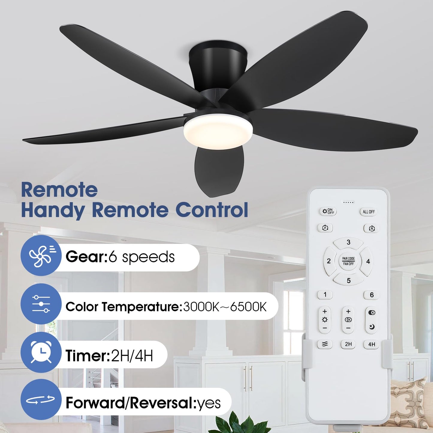 Surtime 42" Ceiling Fans with Lights-Low Profile Ceiling Fan with Light and Remote/APP Control,Flush Mount,DC Reversible,LED Dimmable Black Ceiling Fans for Bedroom,Indoor/Outdoor Patio Use