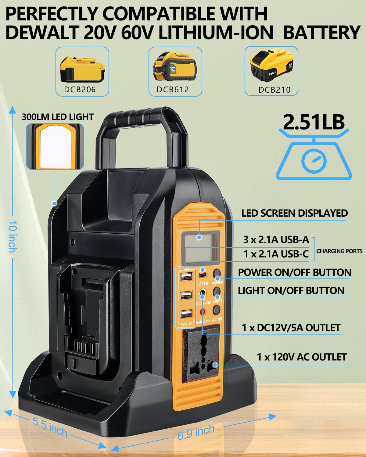 Taingwei 350W Power Inverter for Dewalt 20v 60v Battery, 2-Ports DC 20V to AC 110-120V Pure Sine Wave Battery Inverter with 3 USB-A Port, 1 USB-C Port,300lm LED Light for Camping Emergency(Tool Only)