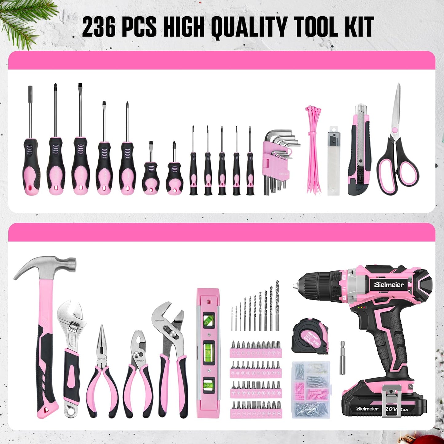 Bielmeier 20V 236Pcs Cordless Pink Drill Set - Essential Women's Pink Tool Set, Lady's Basic Home Tool Kit with Pink Tool Bag - All in One Pink Tool Kit Ideal for DIY, Home Improvement