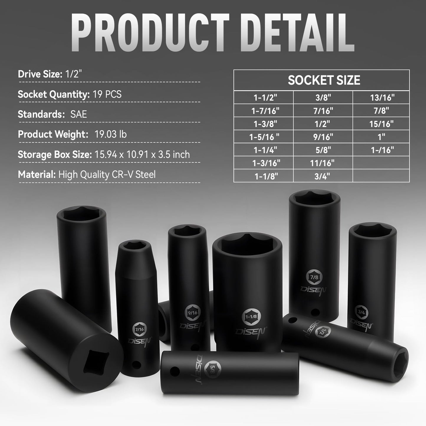 DISEN 19Pcs 1/2" SAE Impact Socket Set, Deep Sockets 3/8"- 1-1/2", 6-Point Cr-V & Alloy Steel, 1/2 Inches Drive Impact Socket Set,Rugged Construction, Enhanced Storage Case