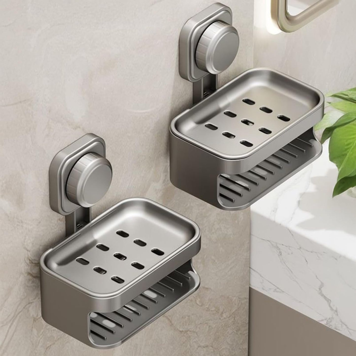 Soap Holder for Shower Wall, Suction Cup Soap Dish with Drainage, No Drilling Bar Soap Sponge Holder for Bathroom Bathtub Kitchen Sink, Removable Suction Shower Caddy (Grey)