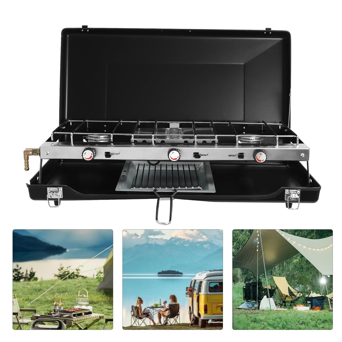 NIENIEE 3-Burner Camping Stove - 4.5kw Portable Propane Cooktop with Wind Guards & Adjustable Flame, Compact Outdoor Stove for Camping/Tailgating/BBQ (Black)