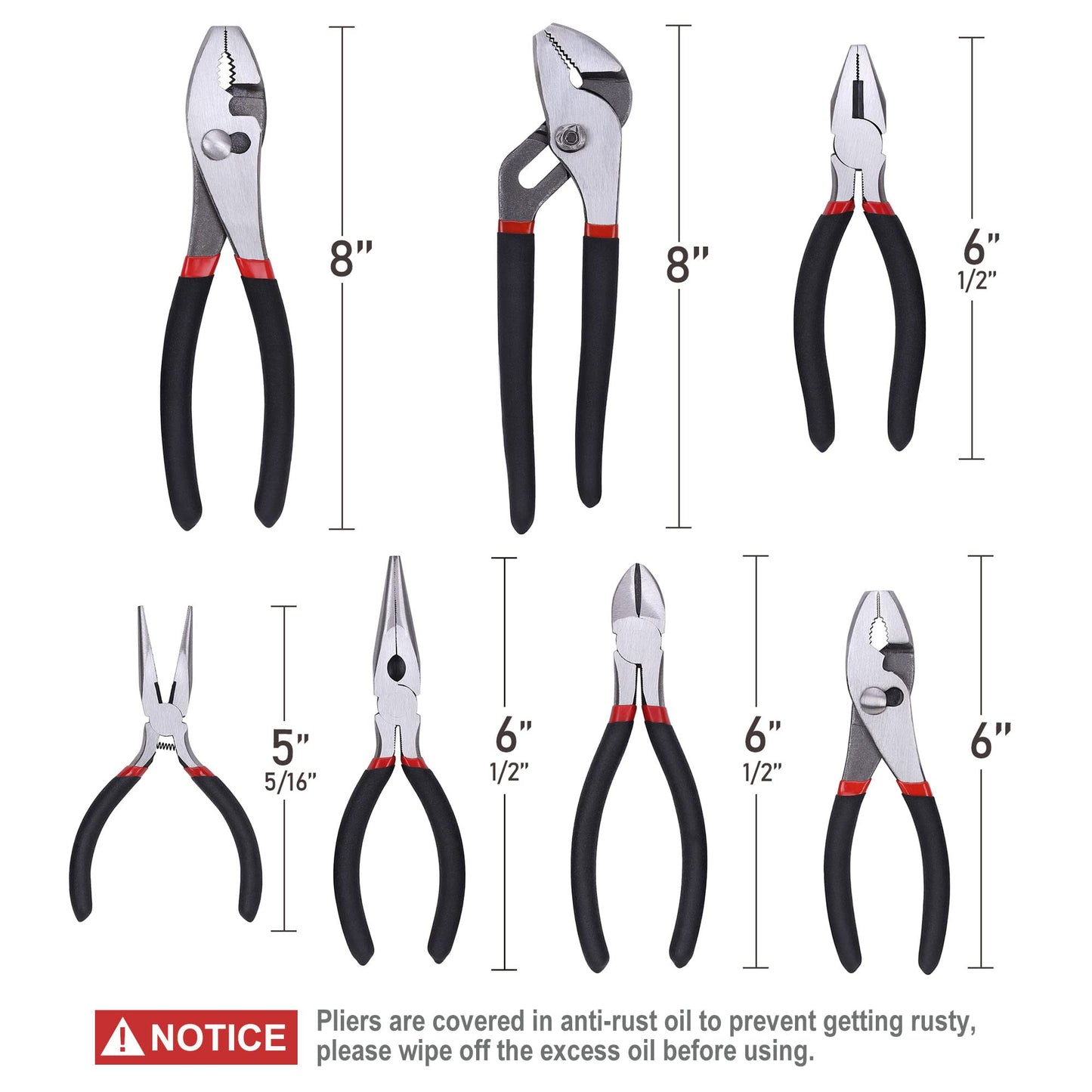FASTPRO 7-piece Utility Pliers Set, Includes Slip Joint, Long Nose, Diagonal, Groove Joint, Linesman, and Mini Long Nose Pliers, Dipped Handle
