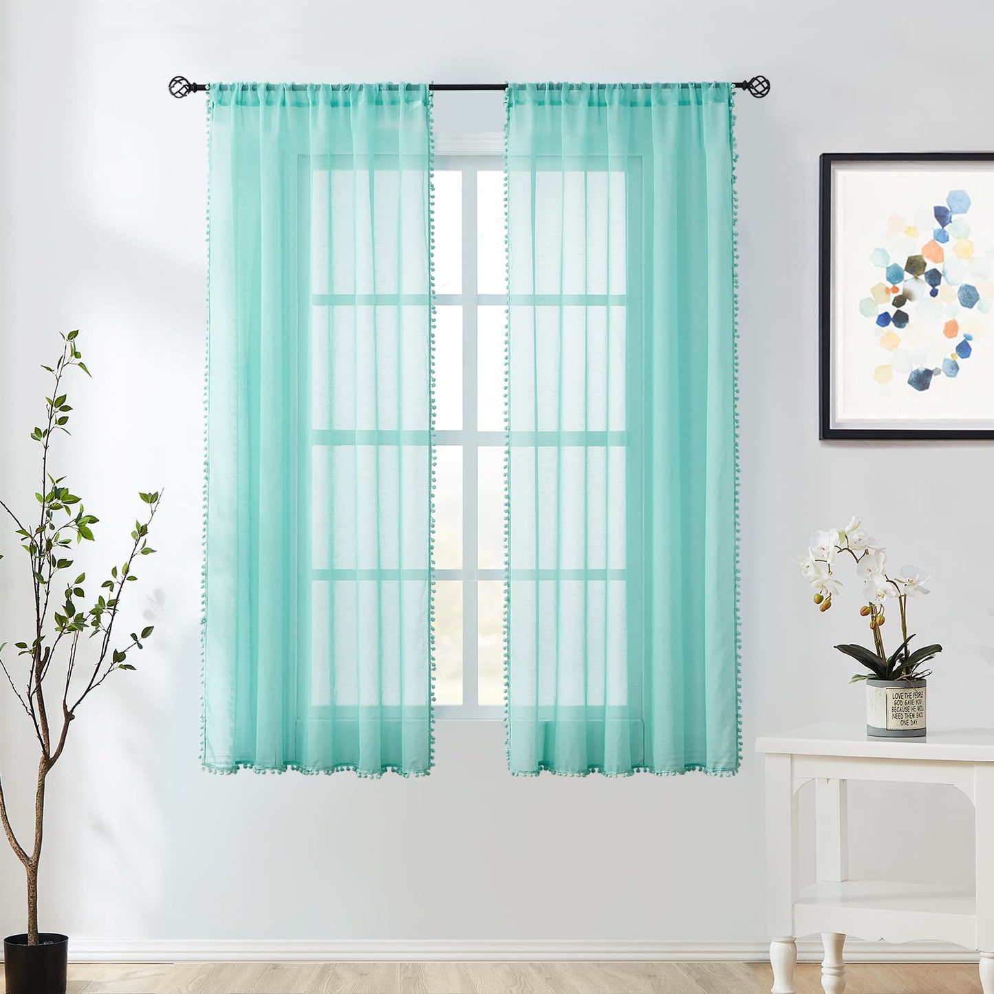 Treatmentex Aqua-Blue Pom-Pom Sheer Curtains for Bedroom Nursery Room 63inches Long Linen Textured Window Sheer Drapes 52" W, 1 Pair, Rod Pocket