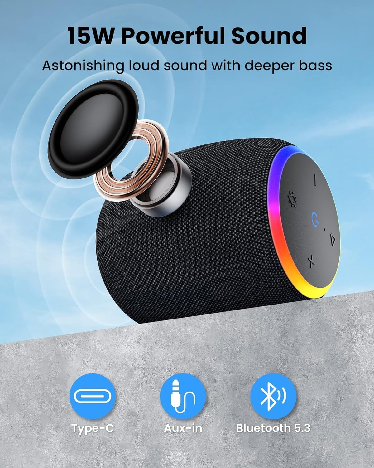 ZICOROOP Bluetooth Speaker, Portable Wireless Bluetooth 5.3, 15W Clear Bass, IPX6 Waterproof, LED Lights, AUX/TF/USB, Dual TWS Pairing, 12H Playtime, Small Speakers for Home Outdoor Beach, Ideal Gift