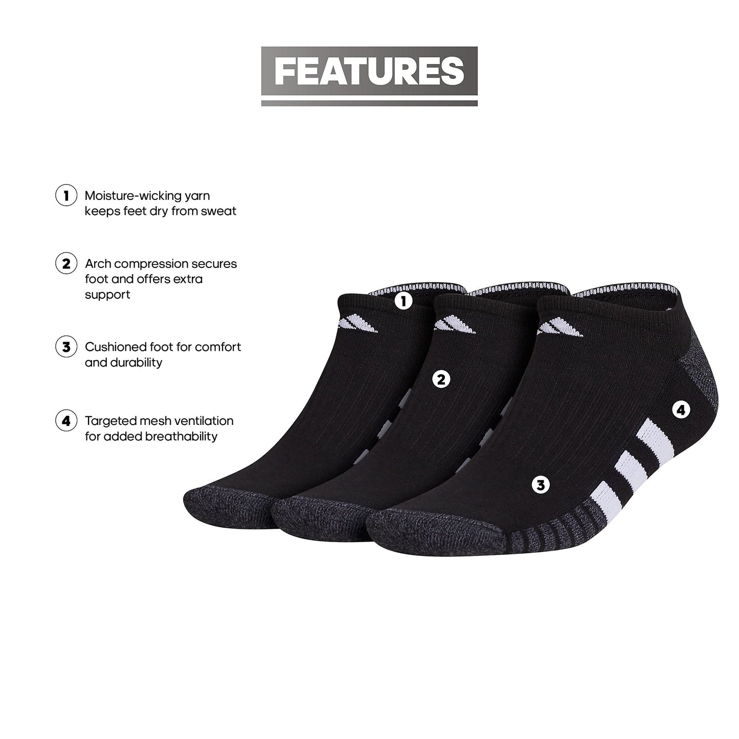 adidas Men's Cushioned No Show Socks Low Profile with Arch Compression (3-Pair), Black/Onix Grey/White, Large