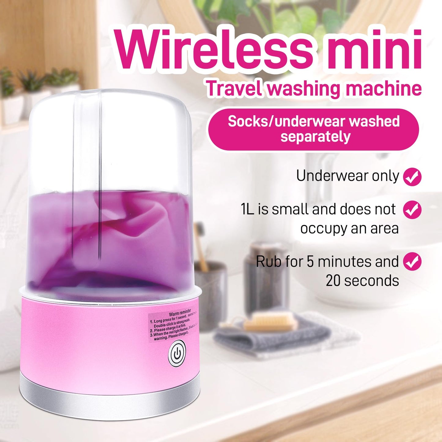 Underwear Washing Machine, Portable Mini Washing Machine | Compact Deep Cleans Underwear, Baby Clothes, Small Laundry | Lightweight for Apartment, Dorm, Hotel, Travel & Camping(Pink)