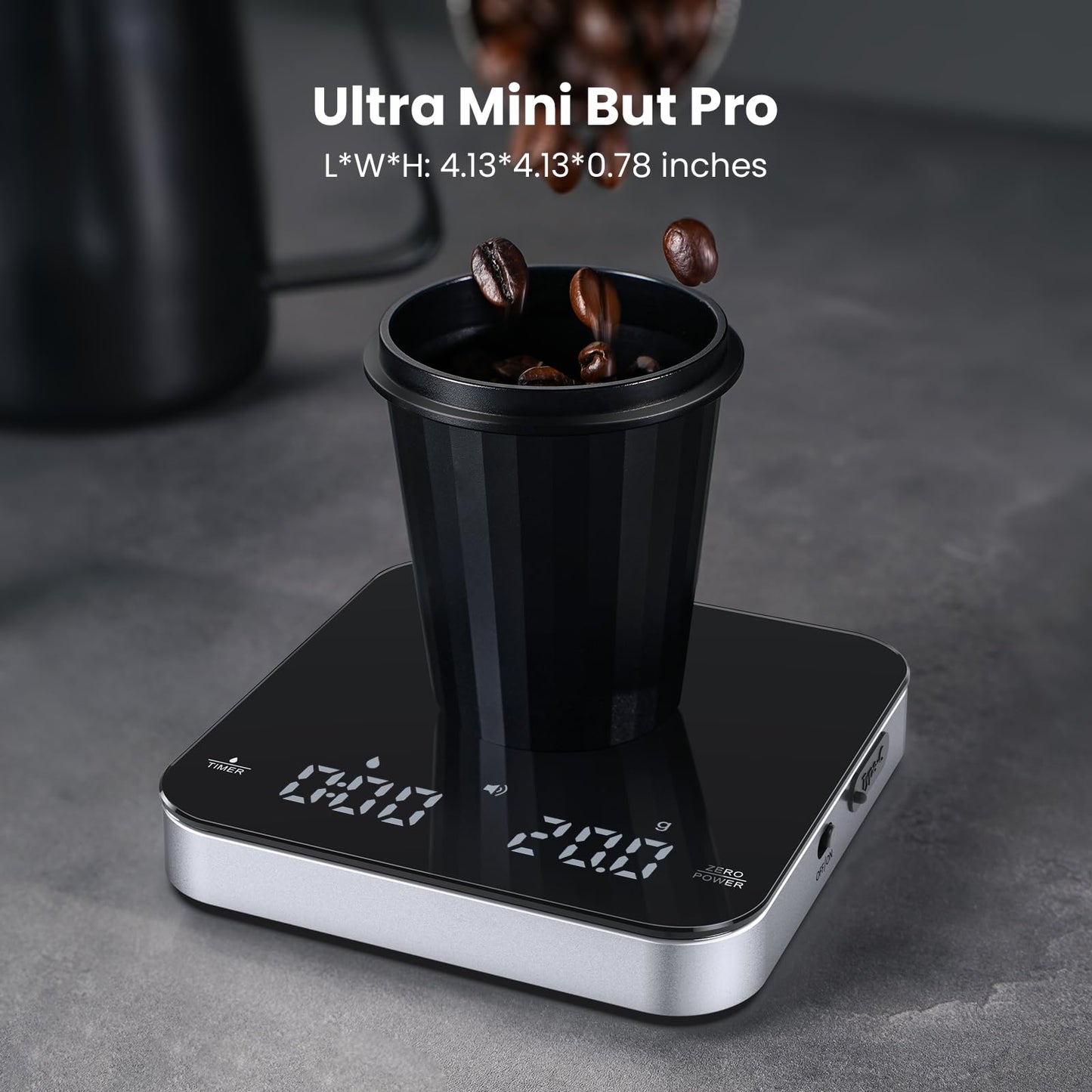 Rechargeable Mini Coffee Scale with Timer, Maestri House Espresso Scale, 2kg/0.1g Accurate Scale for Espresso and Pour-Over Coffee, Portable Digital Kitchen Scale with Automatic Timing(Black&Silver)