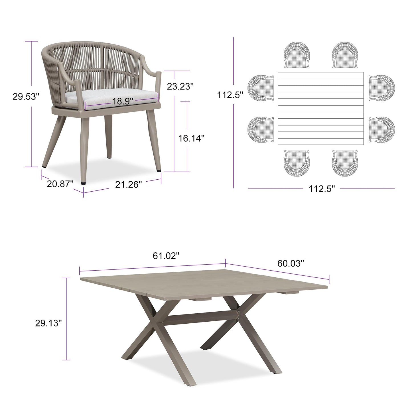 PURPLE LEAF 9 Pieces Outdoor Dining Set All Weather Wicker Patio Dining Set with Square Aluminum Table and Modern Armrest Dining Chairs for Garden Deck Backyard Kitchen, Champagne