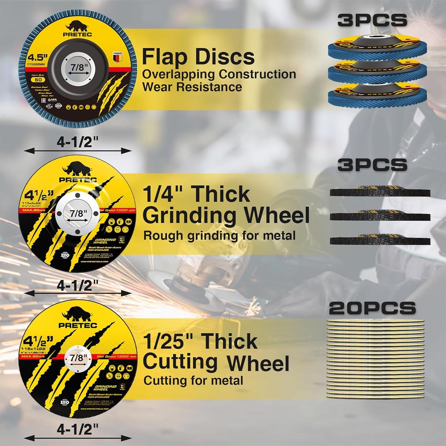 PRETEC 26 Packs Angle Grinder Cutting Flap Grinding Disc Wheel 4 1/2in Inches - 20 Packs 4.5"x1/4"x7/8" Cut off Wheels,3 Packs 4.5"x7/8" 60 Grit Flap Discs, 3 Packs 4.5"x1/25"x7/8" Grinding Wheels