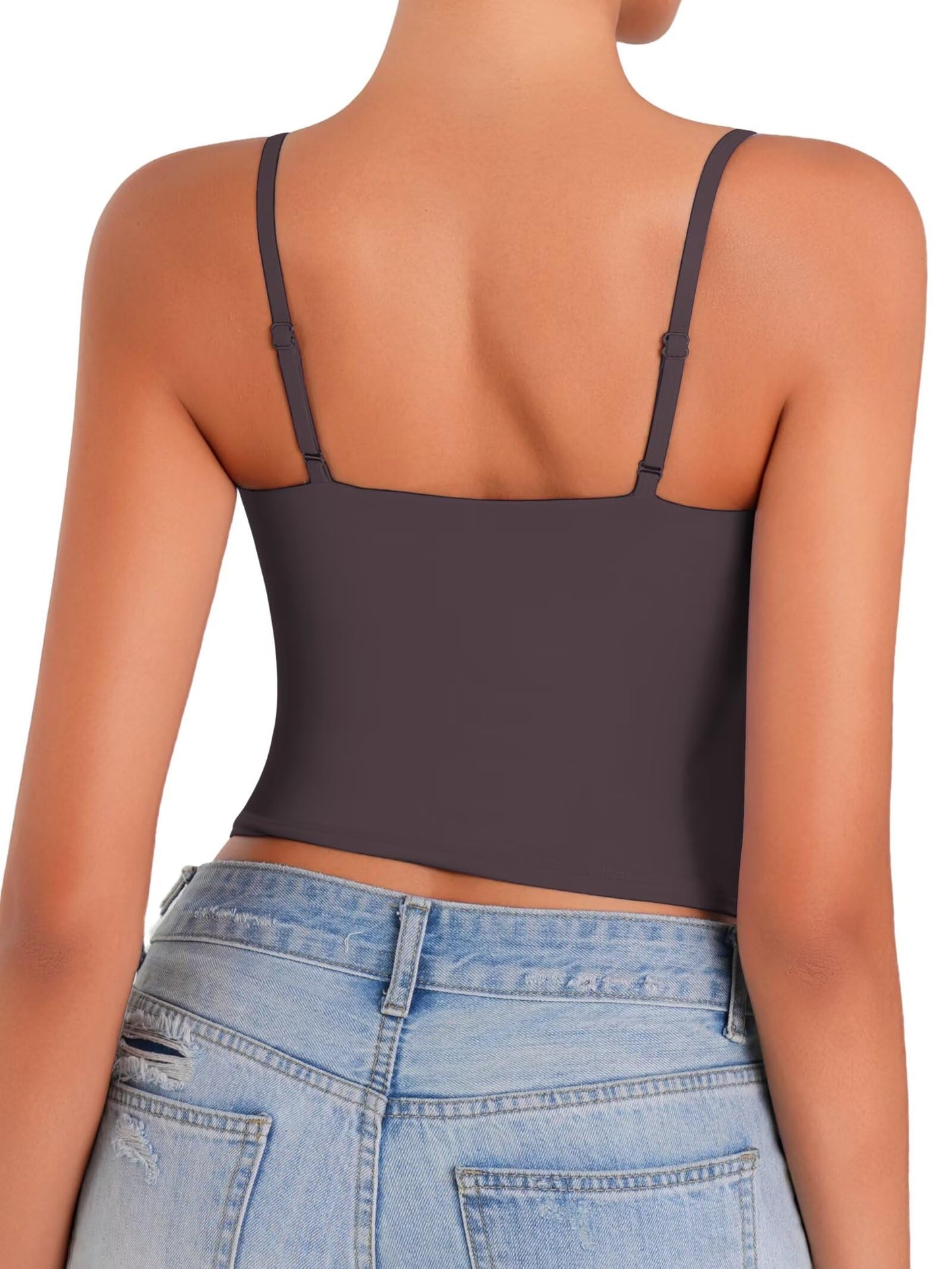 Sunzel Spaghetti Strap Tank Top for Women Double Lined Camisole Square Neck Cami Top Summer Undershirts Going Out Basics Seal Brown Small