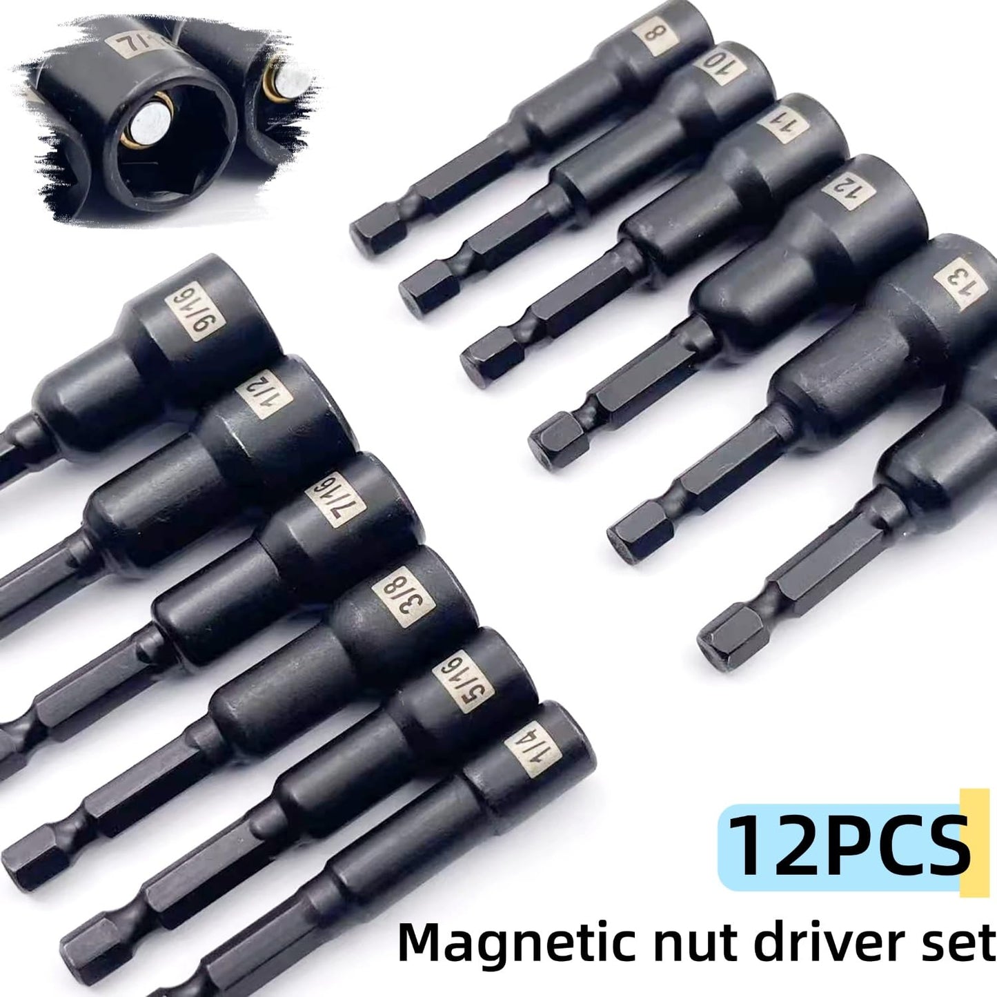 12-Pieces Magnetic Nut Driver Bit Set - 1/4 Inch Hex Quick-Change,Impact Hex Nut Driver Set, SAE & Metric
