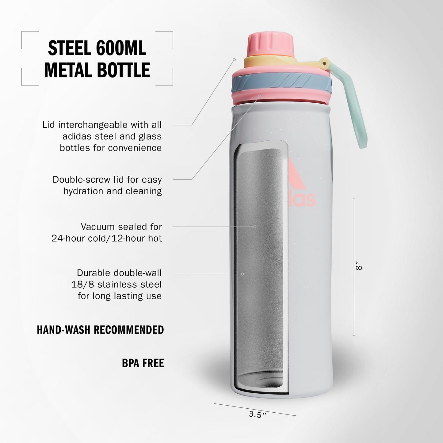 adidas 600 ML (20 oz) Metal Water Bottle, Hot/Cold Double-Walled Insulated 18/8 Stainless Steel