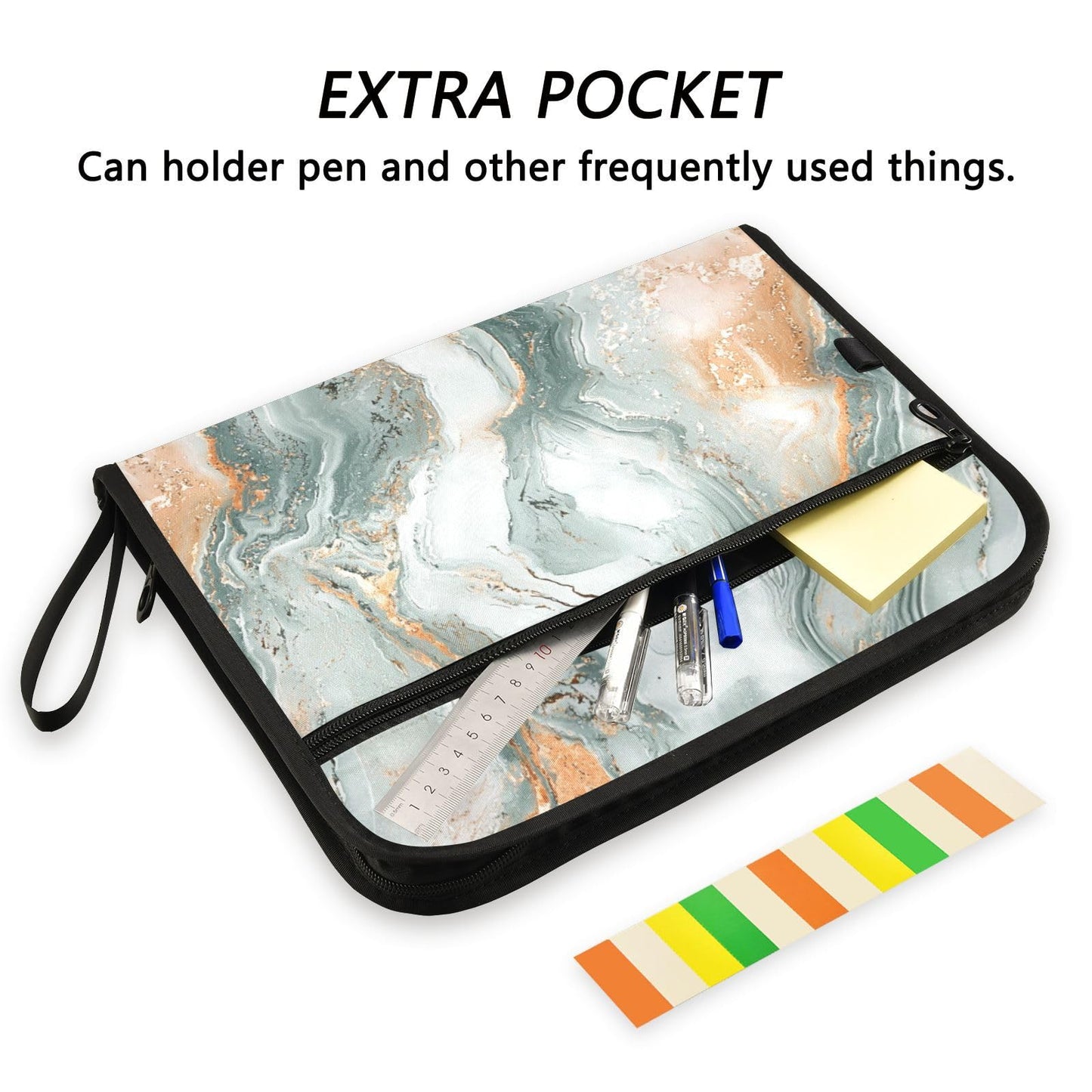 Marble Texture Green Gold File Folders,Plastic Folders with 13 Pockets,Expandable File Folder for Documents School Students Office,Aesthetic Folder with Labels A4 Letter Size