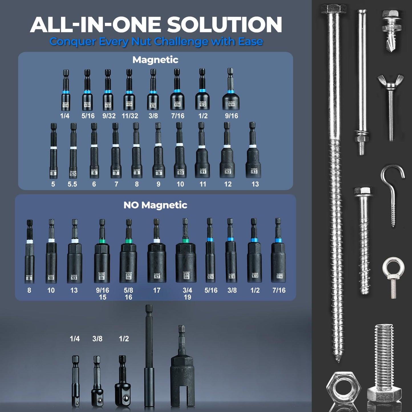toolant Impact Magnetic Nut Driver Set, 34pcs Impact Driver Bit Set, Deep Nut Driver Set, Impact Socket Adapters, Wing Nut Driver, Bit Extension, 1/4'' Quick Change