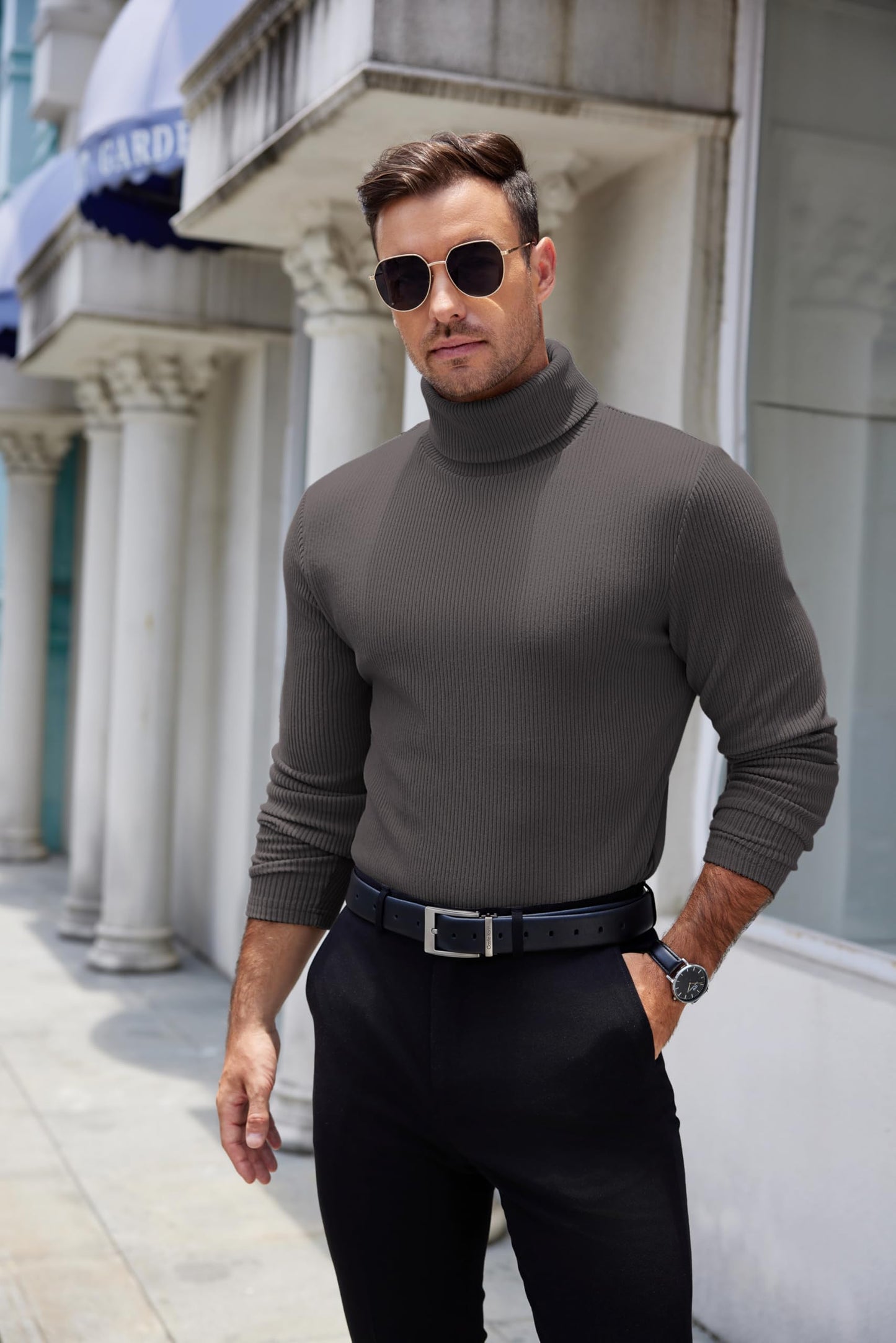COOFANDY Mens Knitted Turtleneck Long Sleeve Turtle Neck Ribbed Pullover Sweater Thermal Casual High Neck Dark Gray