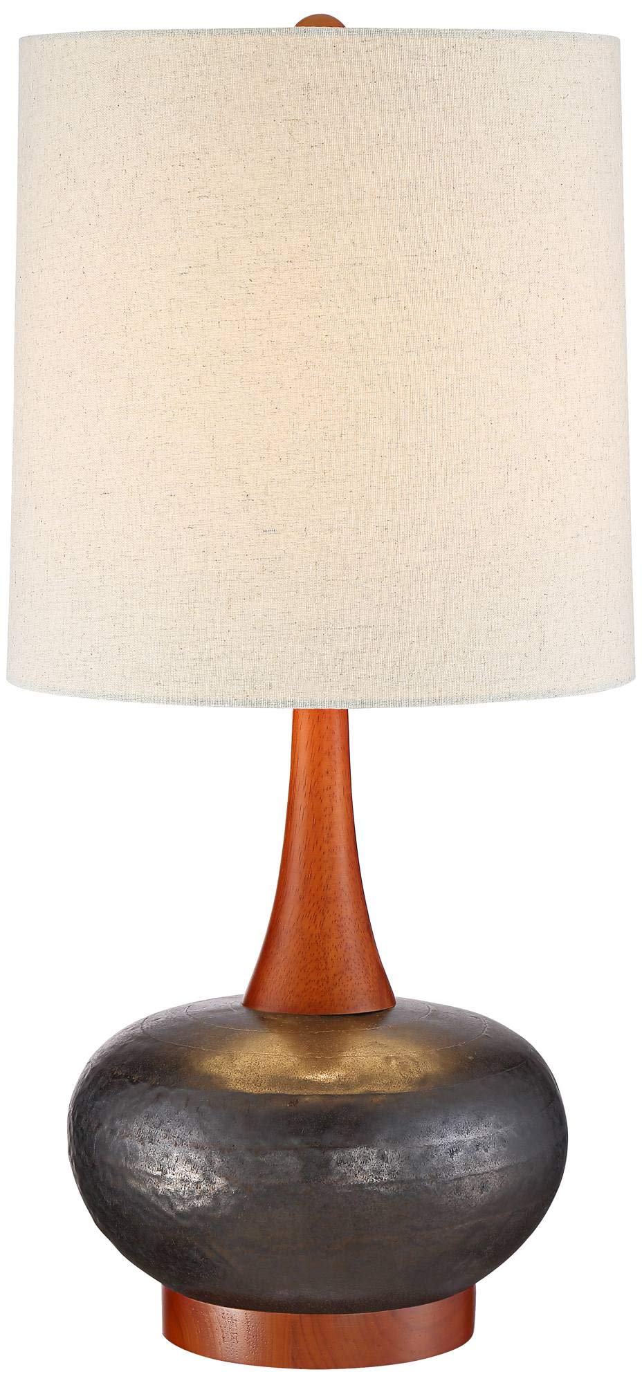 360 Lighting Andi Mid Century Modern Table Lamp 24.5" High Hammered Bronze Ceramic Wood Off White Tall Drum Shade for Living Room Bedroom House Bedside Nightstand Home Office (Color May Vary)