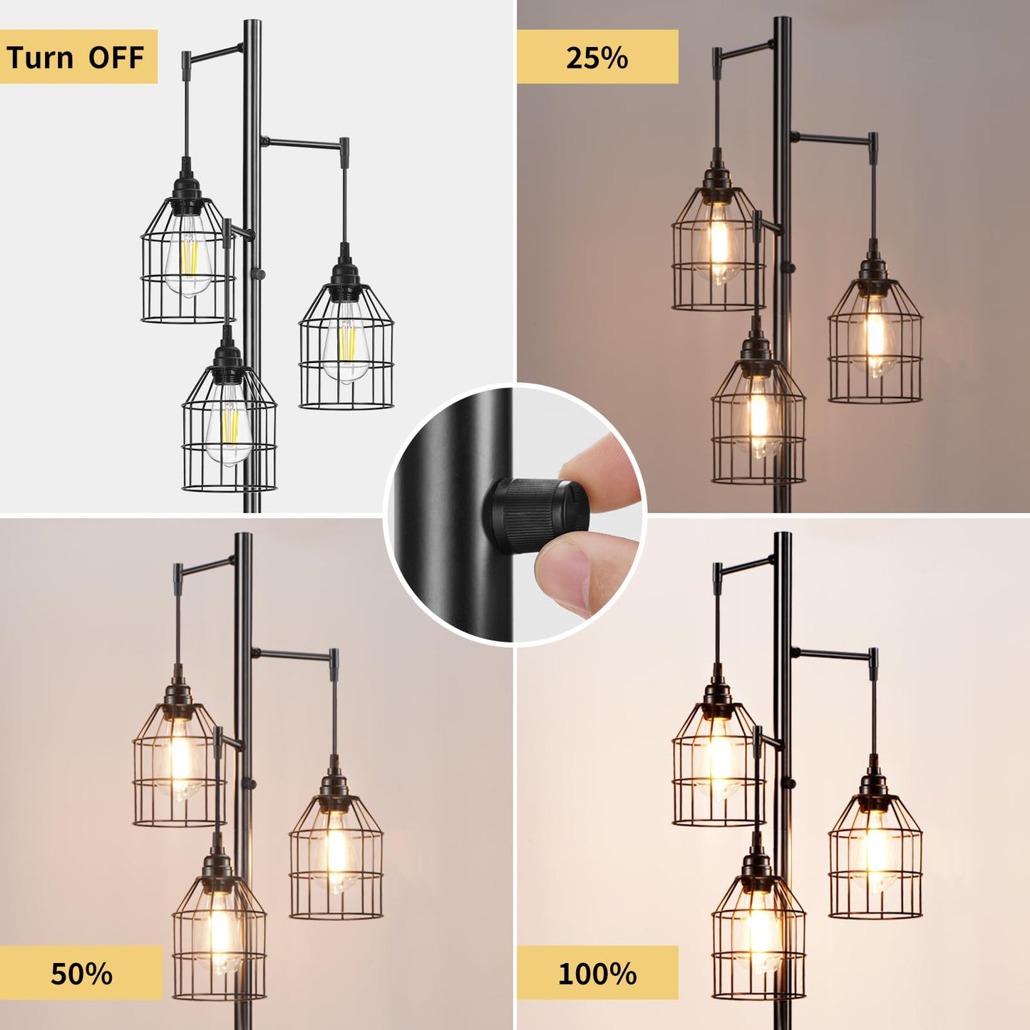 Sucolite 70" Dimmable Floor Lamp for Living Room, Industrial 3-Light Tree Floor Lamp Black with Cages, Farmhouse Rustic Tall Standing Lamp Floor Lighting for Bedroom Office, 3 Free LED Edison Bulbs