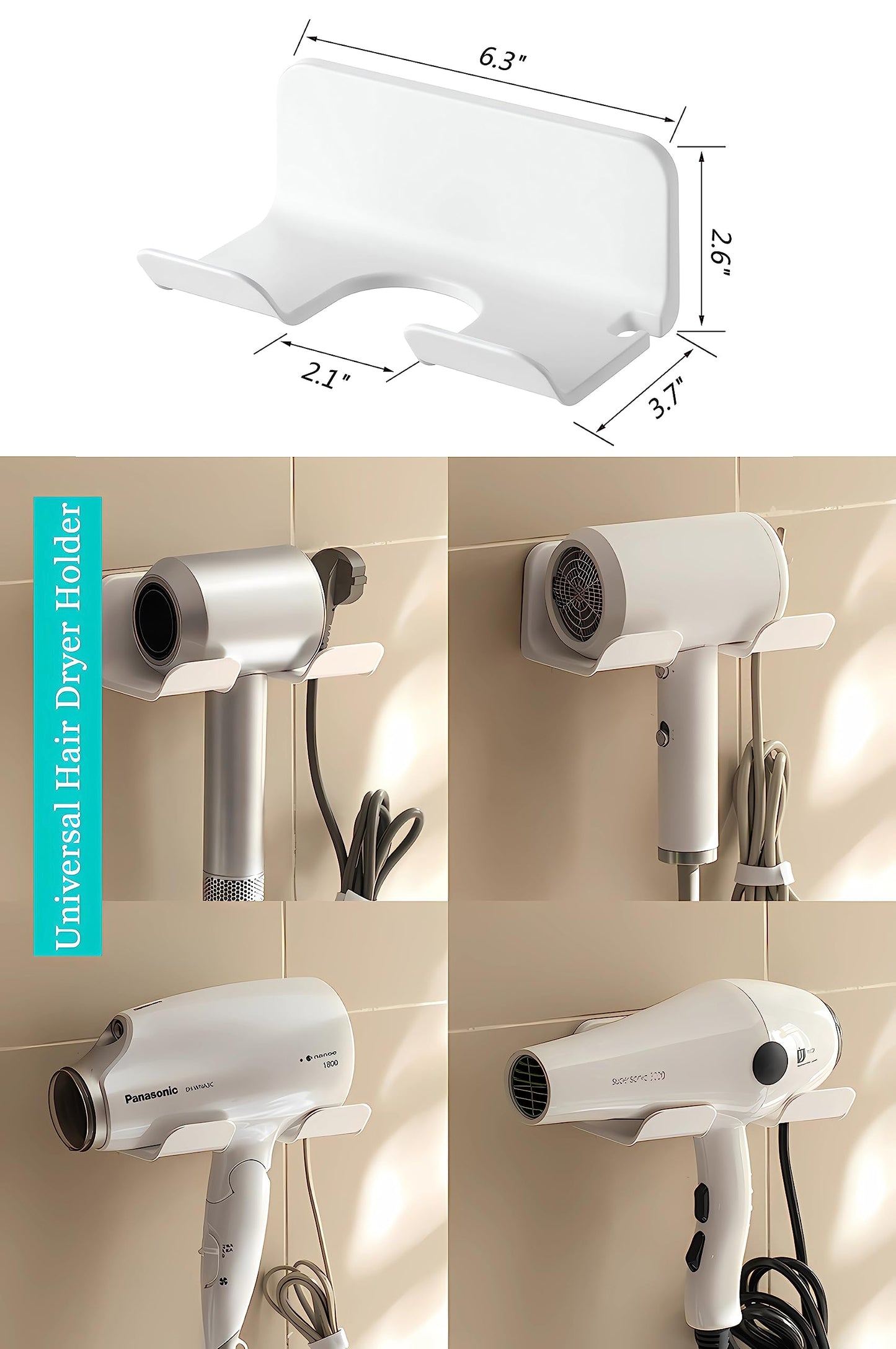 SUPTEC Universal Hair Dryer Holder, Blow Dryer Hanger Wall Mount for Hair Dryer Hook with Plug&Cord Organizer Self Adhesive for Cabinet Bathroom(1 Pack White)