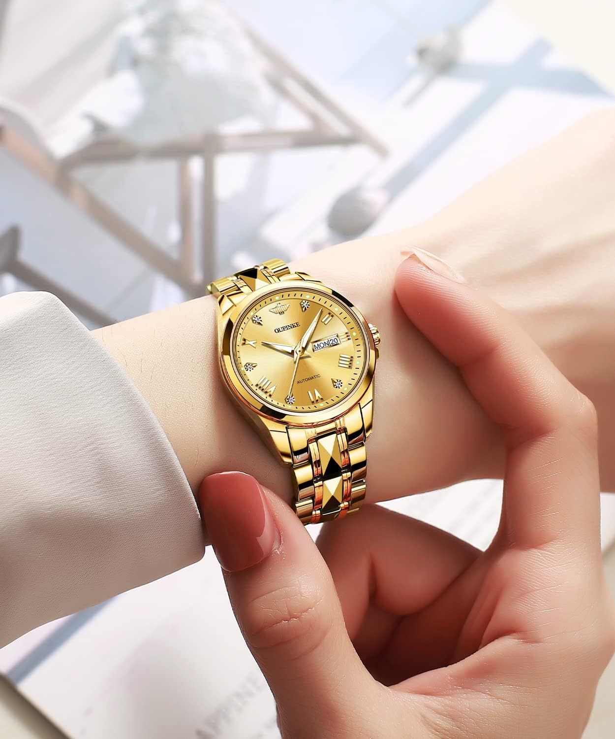 OUPINKE Gold Automatic Womens Watches Self Winding Mechanical Luxury Dress Diamond Dial Tungsten Steel Wrist Watches for Women Date Waterproof Luminous