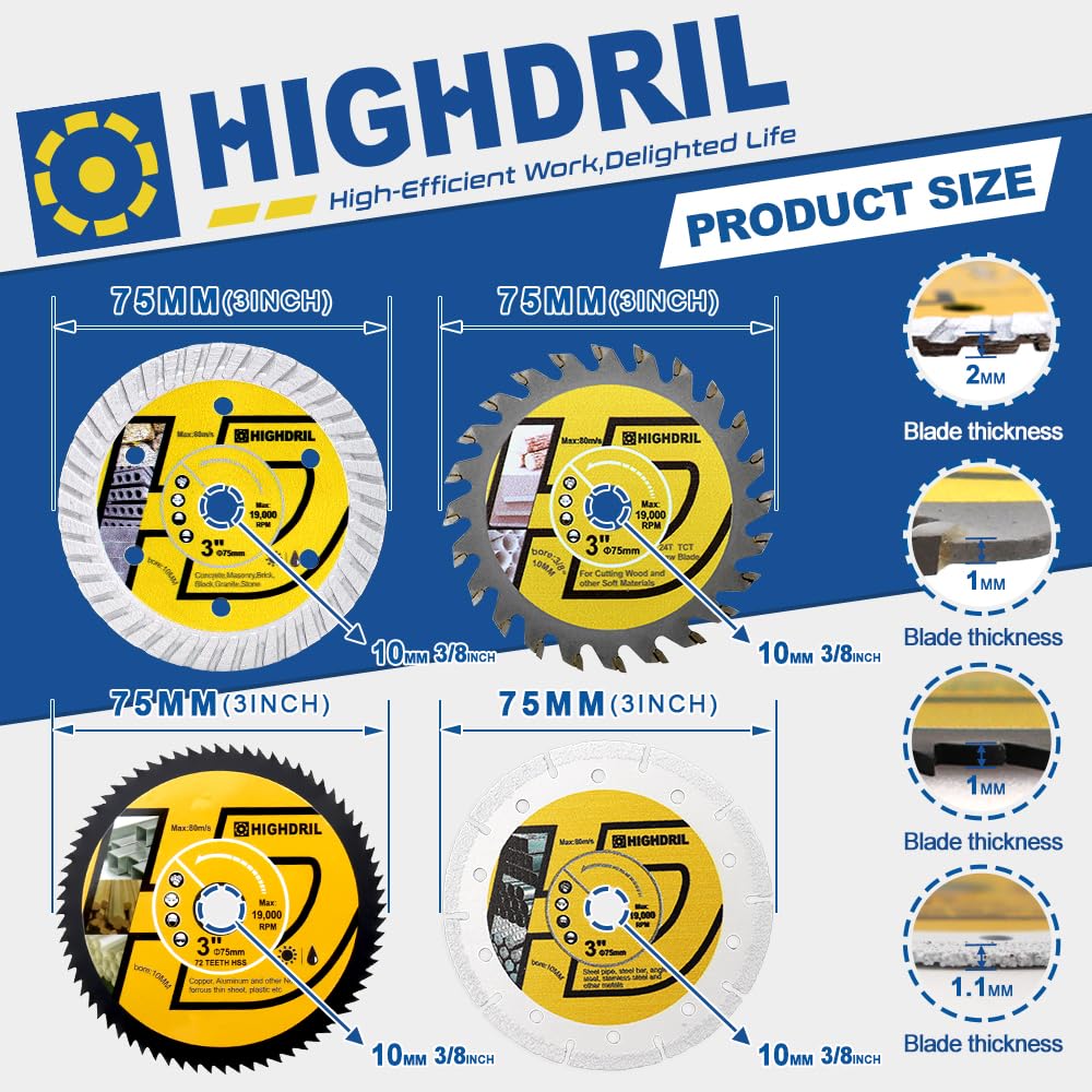 HIGHDRIL 3" 75mm Circular Saw Blade Set 4pcs - Diamond/HSS/TCT Cutting Disc for Angle Grinder Cutting Soft Metal Copper Aluminum Granite Tile Plastic Wood