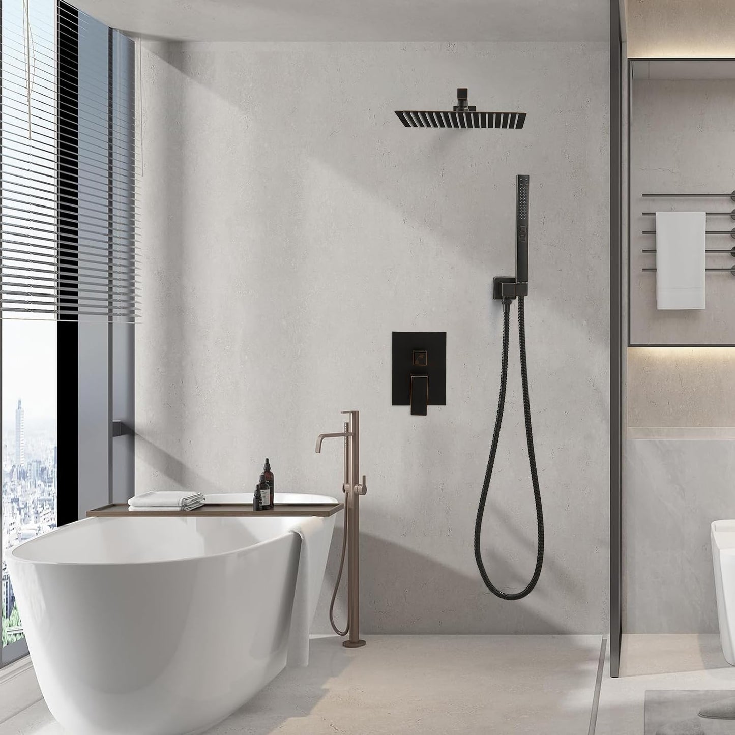 RUMOSE Oil Rubbed Bronze Rainfall Shower System 12 Inch High Pressure Square Shower Head with 2 in 1 Handheld Spray Wall Mount Brass Bathroom Shower Faucet Set with cUPC Certified Rough-in Valve