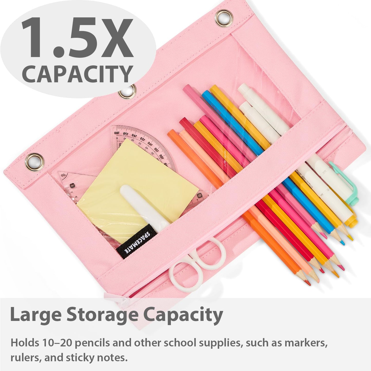 SPACEMATE Binder Pencil Pouch Case Box Bag for 3 Ring Binder School Supplies Girls Boys Kids, Clear Preppy Stuff Large Aesthetic Pen Organizer, Back to College Stationary, 1 Pack, Light Pink