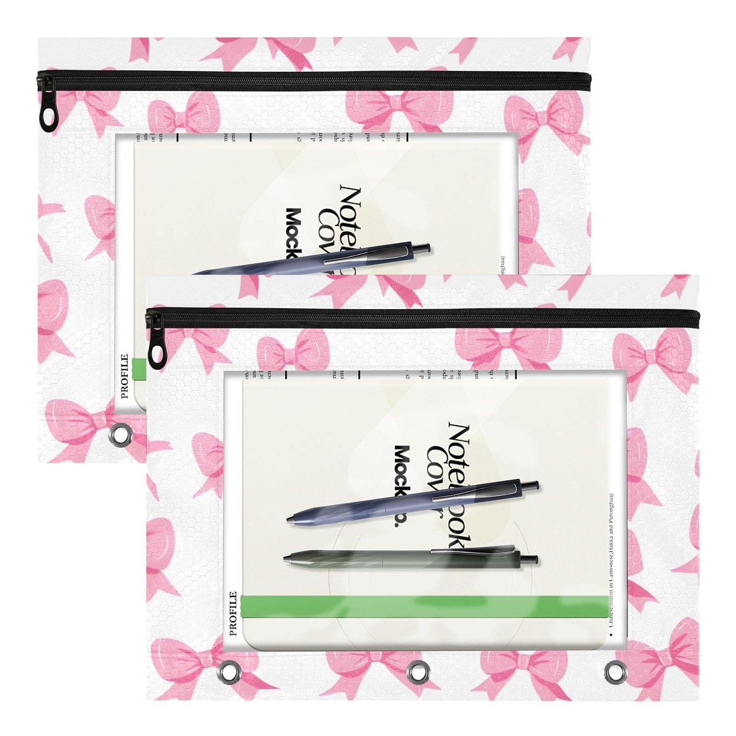 PIMILAGU Pink Bow White Background Pencil Pouch for 3 Ring Binder, Binder Pencil Pouches with Clear Window Zipper Pencil Case Bag for School Office Supplies, 2PCS