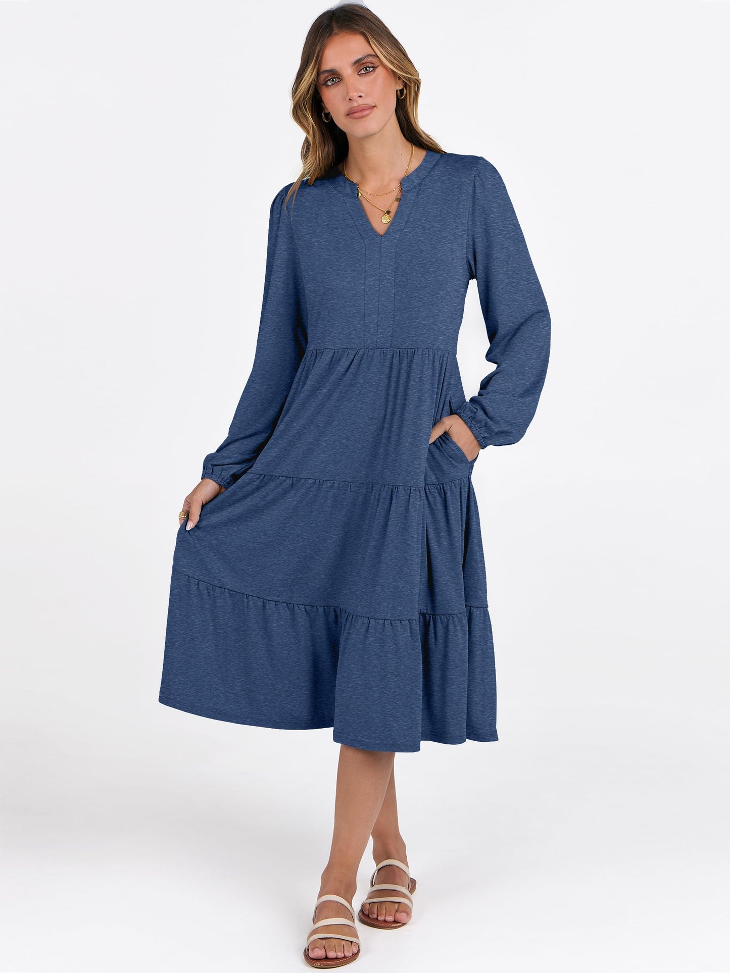 ANRABESS Long Sleeve Midi Dresses for Women V Neck 2025 Fall Fashion Casual Loose Fit Flowy Swing Tiered Vacation Boho Dress Blue Small