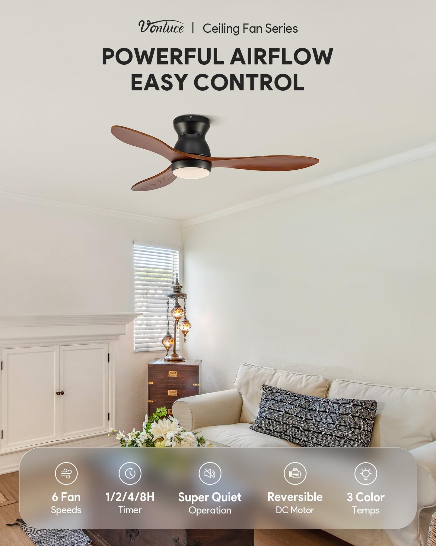 VONLUCE Ceiling Fans with Lights, 42 Inch Ceiling Fan and Remote, 6-Speeds Noiseless Reversible DC Motor, 3CCT, Wood Ceiling Fan for Farmhouse Bedroom Indoor Outdoor, Black