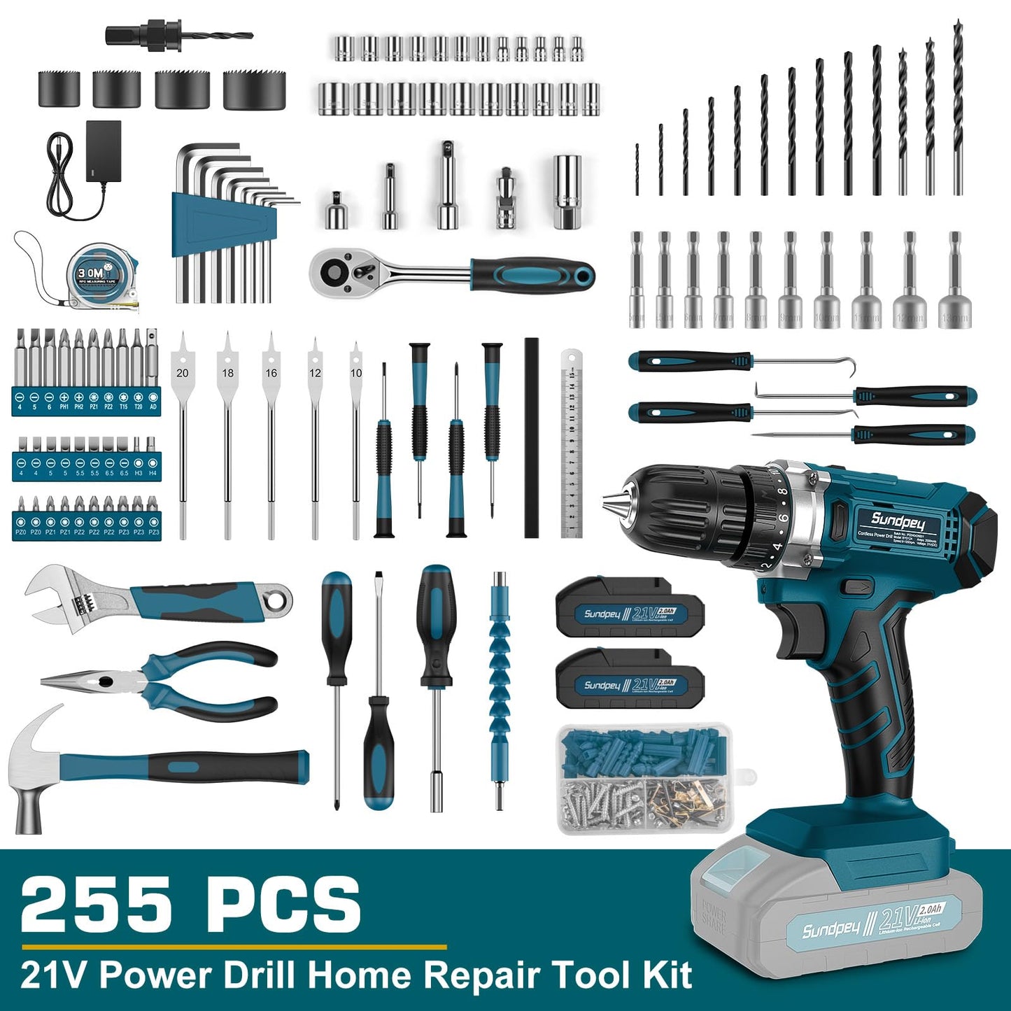Tool Kit with 21V Cordless Drill - Sundpey 255-PCs Portable Complete General Basic Home and Auto Repair Tool Set with Drawer for Handyman & Diyer & Homeowner - Power Drill with 2 x 2.0Ah Batteries