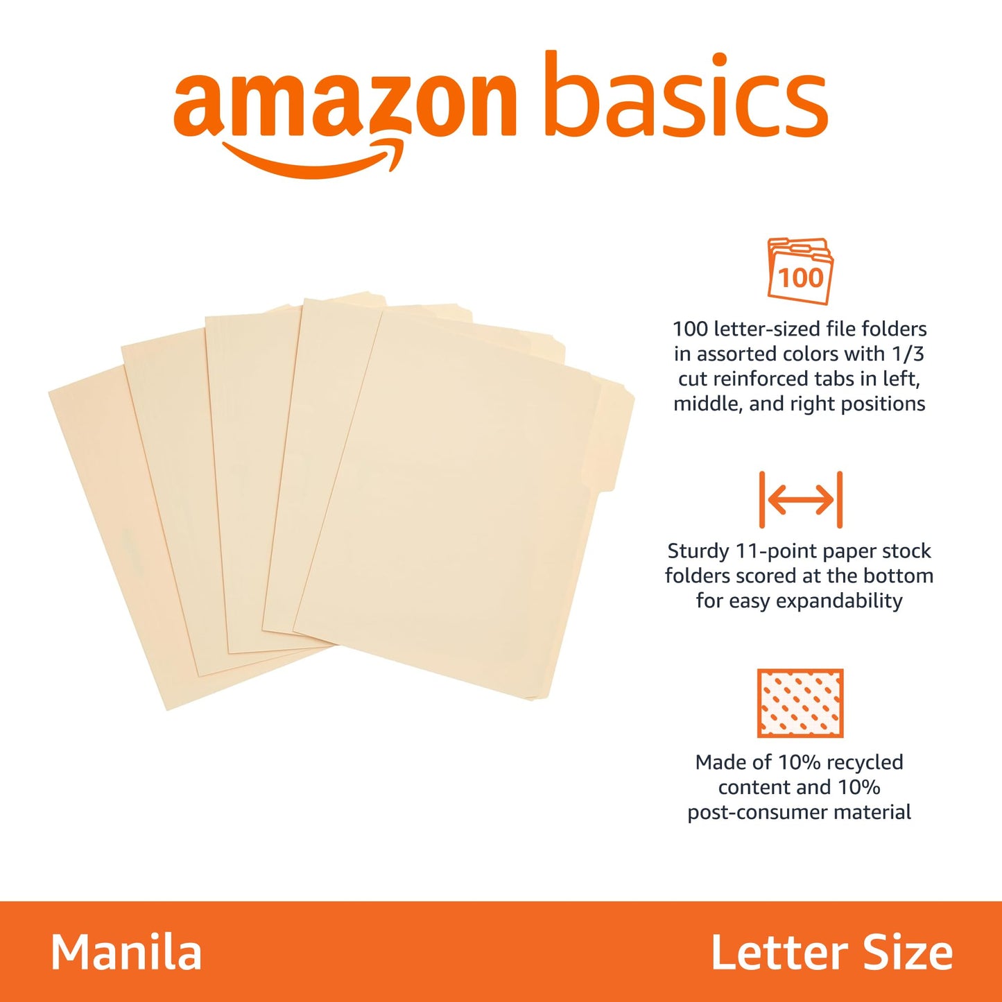 Amazon Basics File Folders with Tabs for Filing, 1/3-Cut Tab, Assorted Positions, Letter Size, Manila, Pack of 100