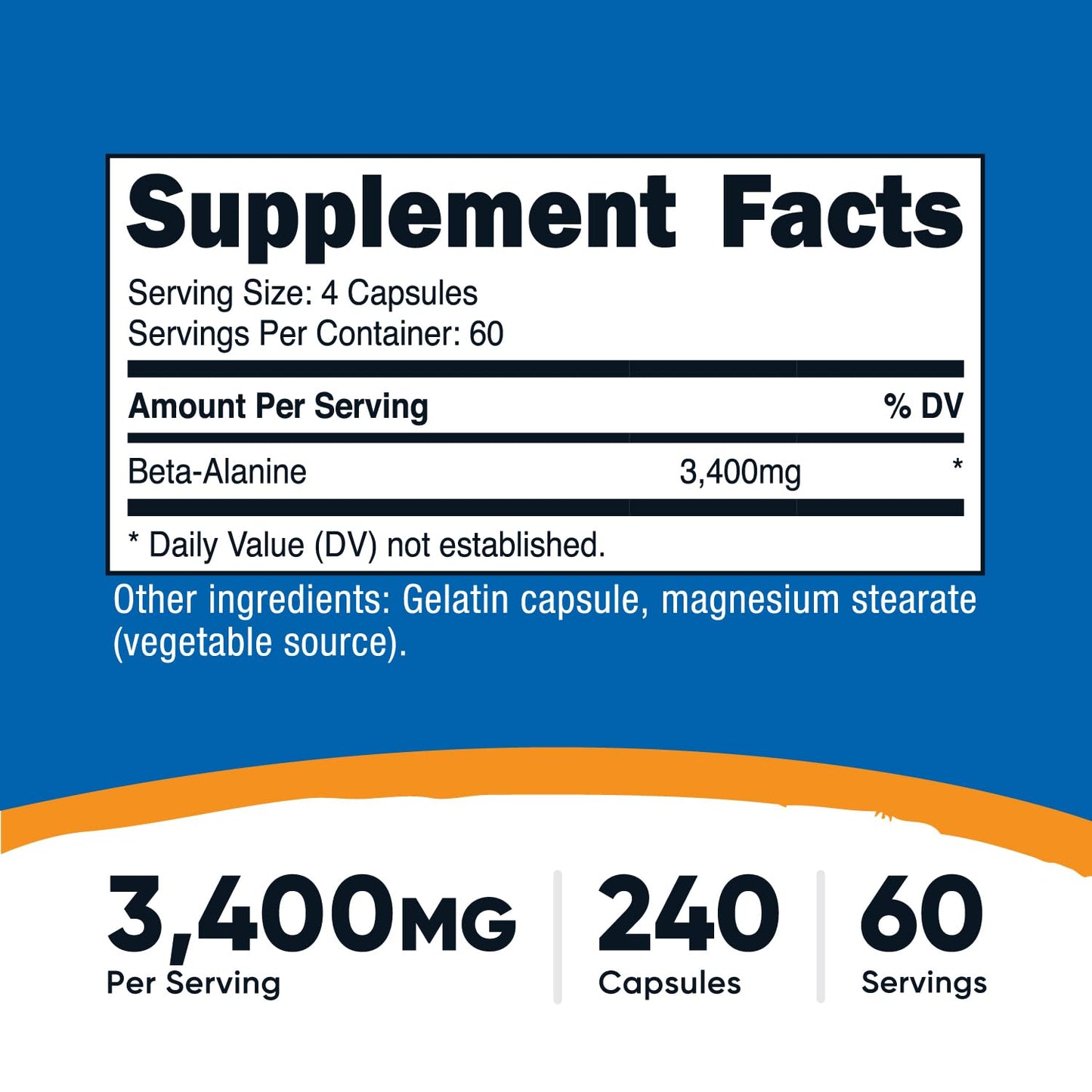 Nutricost Beta-Alanine Capsules 3400mg, 240 Capsules (60 Serv) - Potent Beta Alanine, Gluten Free & Non-GMO, 850mg Per Cap