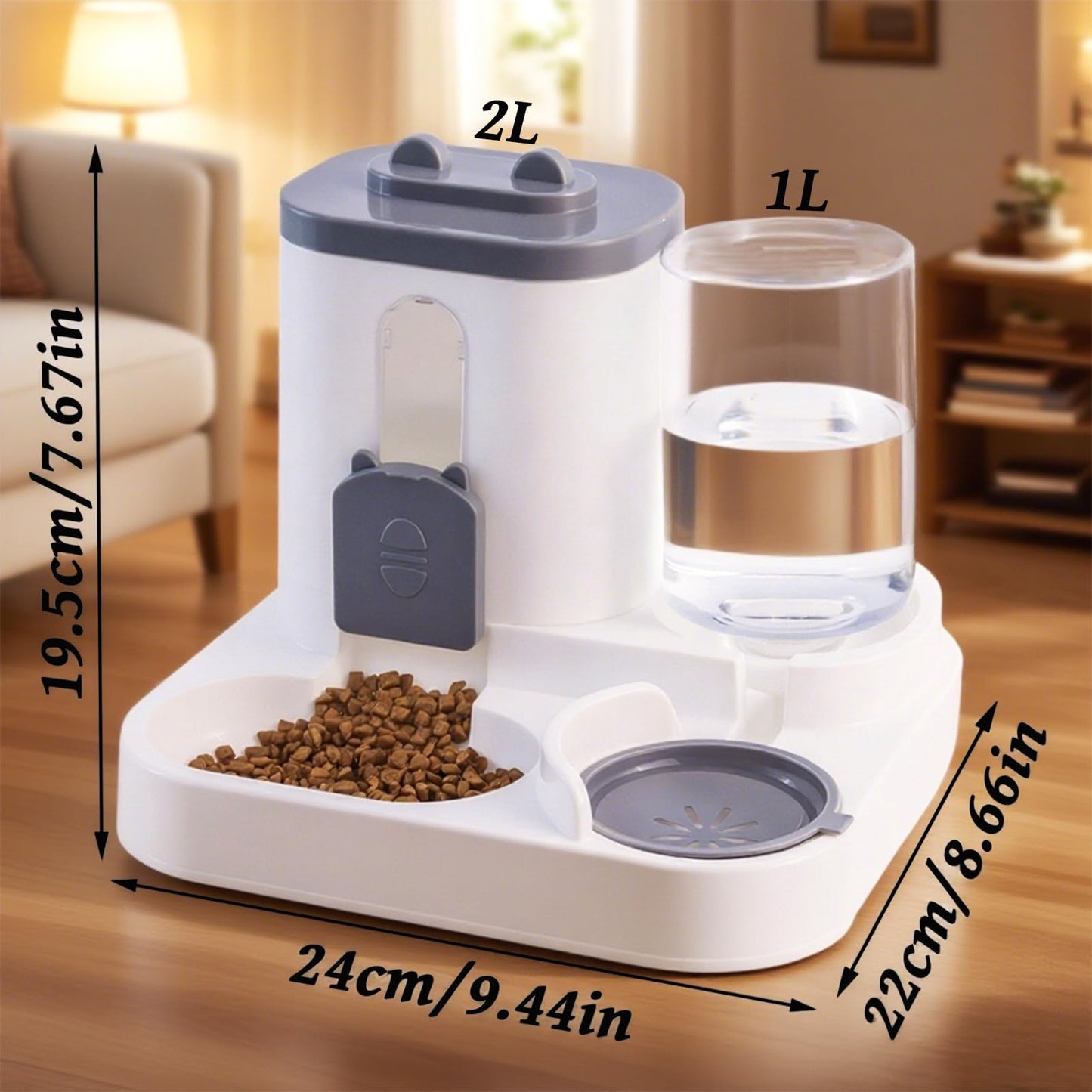 Gravity Cat Feeder and Water Dispenser, 2 in 1 Automatic Cat Feeder, 2 Pack Large Capacity Self Feeding for Small Medium Dog Puppy Kitten (Grey)