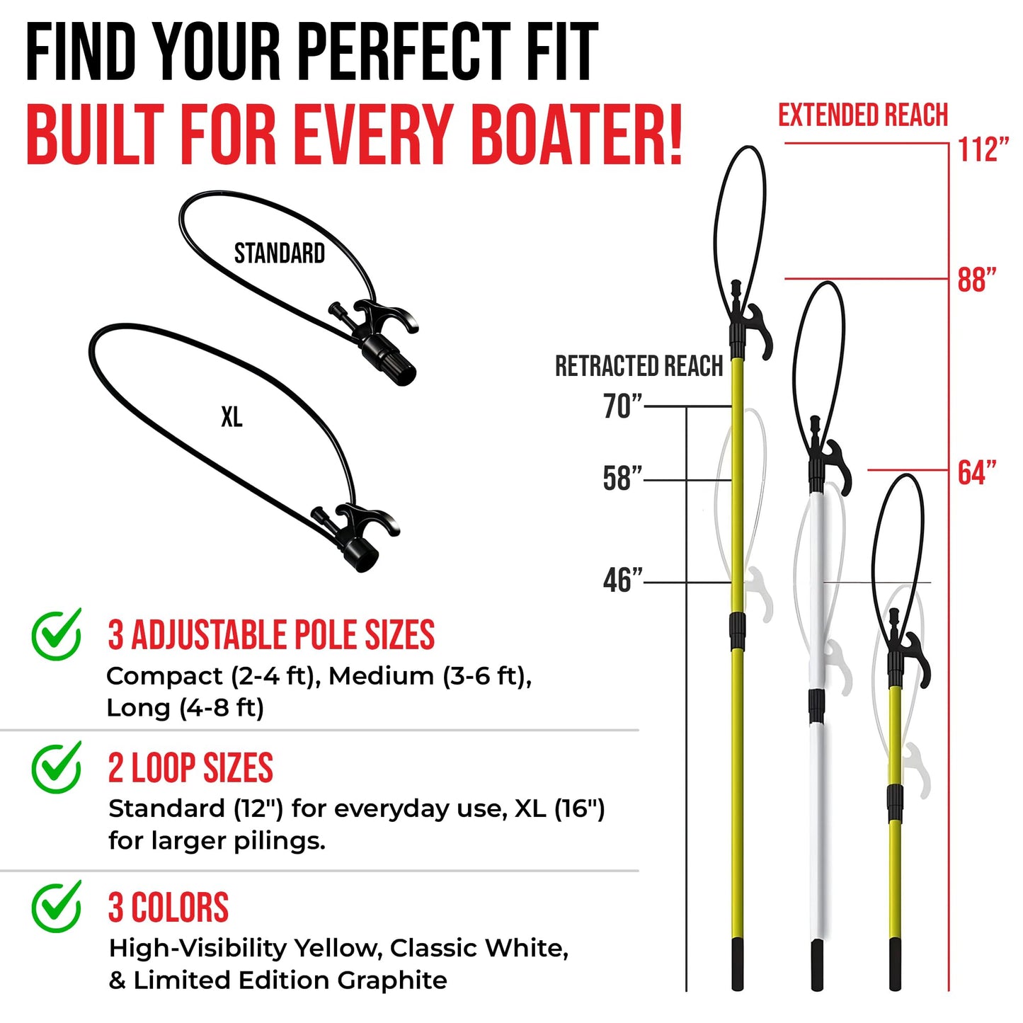 Boat Loop Extendable Fiberglass Boat Hook with Flexible Loop & Quick-Release System - Adjustable 2-8ft Pole with Rubber Guard for Boats - Versatile Marine Tool for Rope Handling & Docking